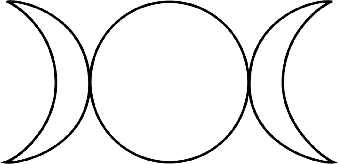Triple goddess symbol: waxing crescent, full moon circle and waning crescent in a row