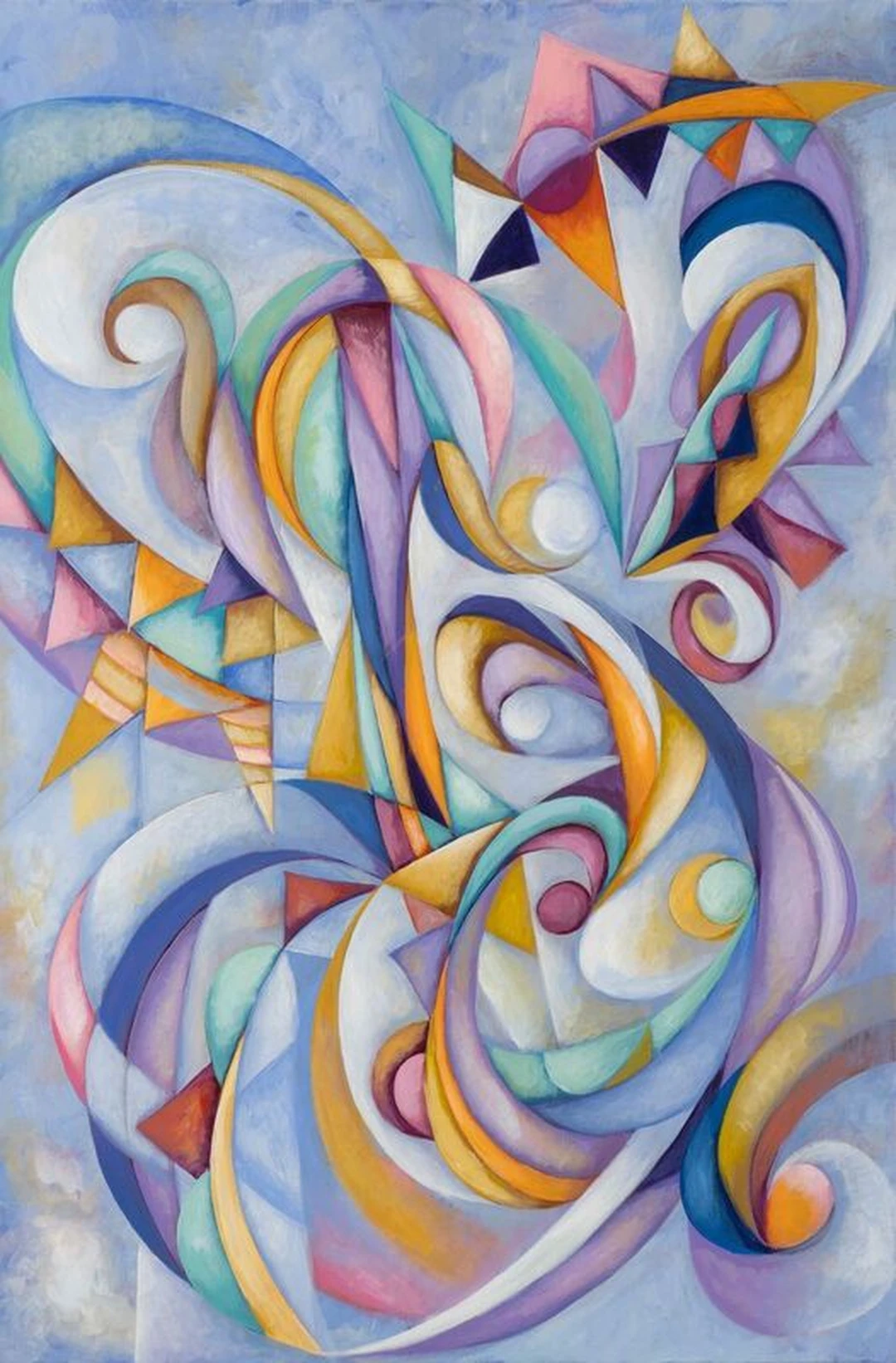 Abstract painting of swirling ribbon-like forms in pastel blue, pink, orange and purple.