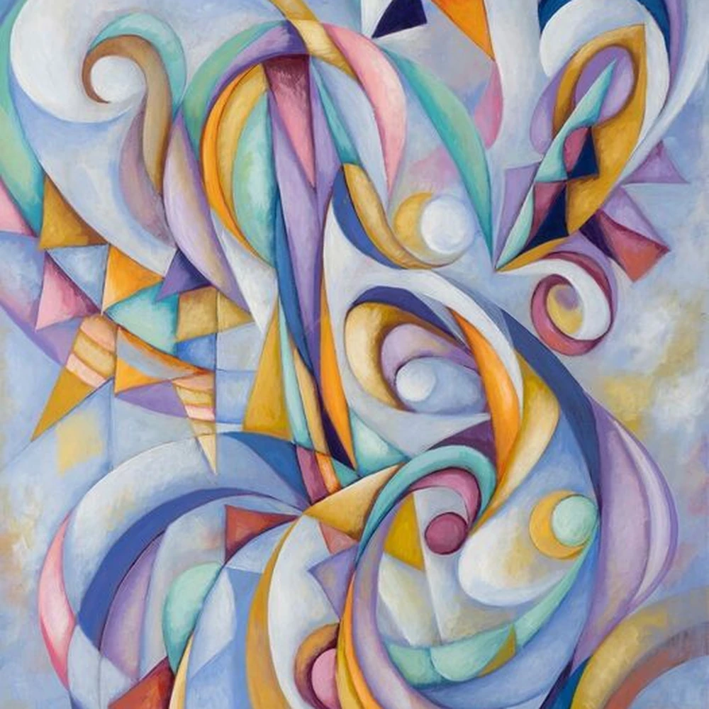 Abstract painting of swirling ribbon-like forms in pastel blue, pink, orange and purple.