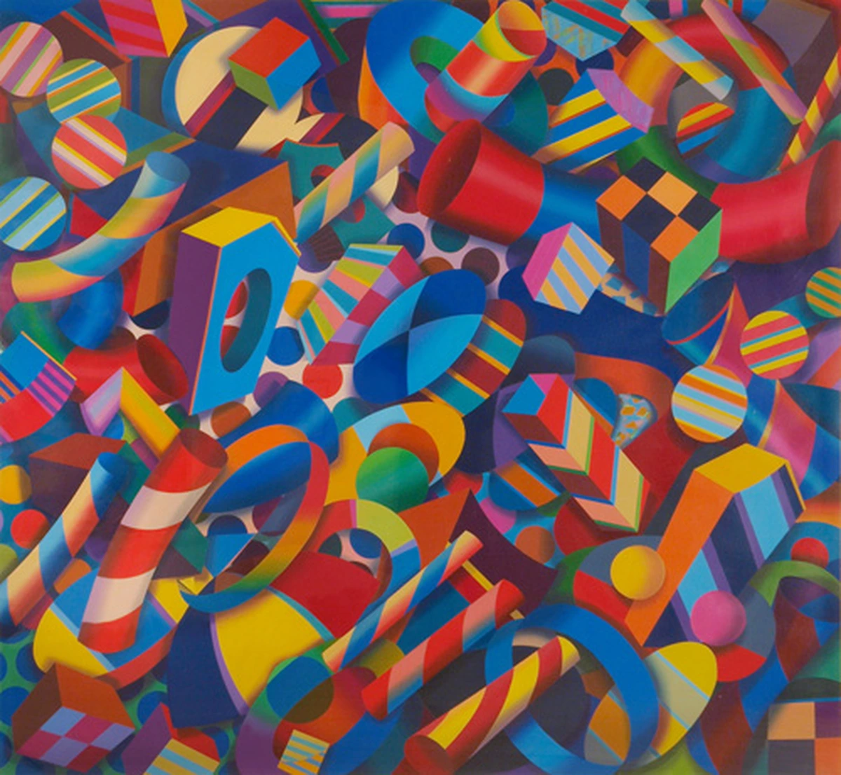 Tarrence Corbin, Carnival Escapade: a dense abstract painting of twisting ribbons, cylinders, checkerboards and striped shapes in saturated reds, blues, yellows and greens.