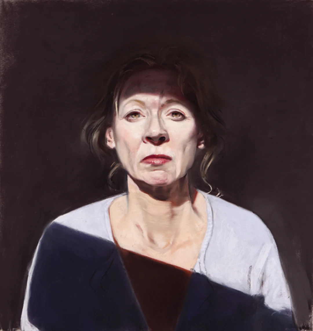 Pastel portrait of a woman facing forward against a dark background, wearing a pale top, with a beam of light crossing her face.
