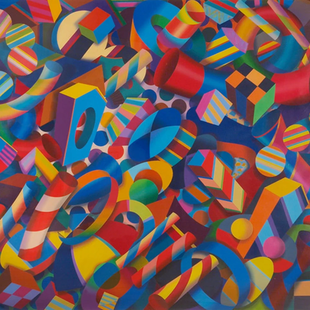 Tarrence Corbin, Carnival Escapade: a dense abstract painting of twisting ribbons, cylinders, checkerboards and striped shapes in saturated reds, blues, yellows and greens.