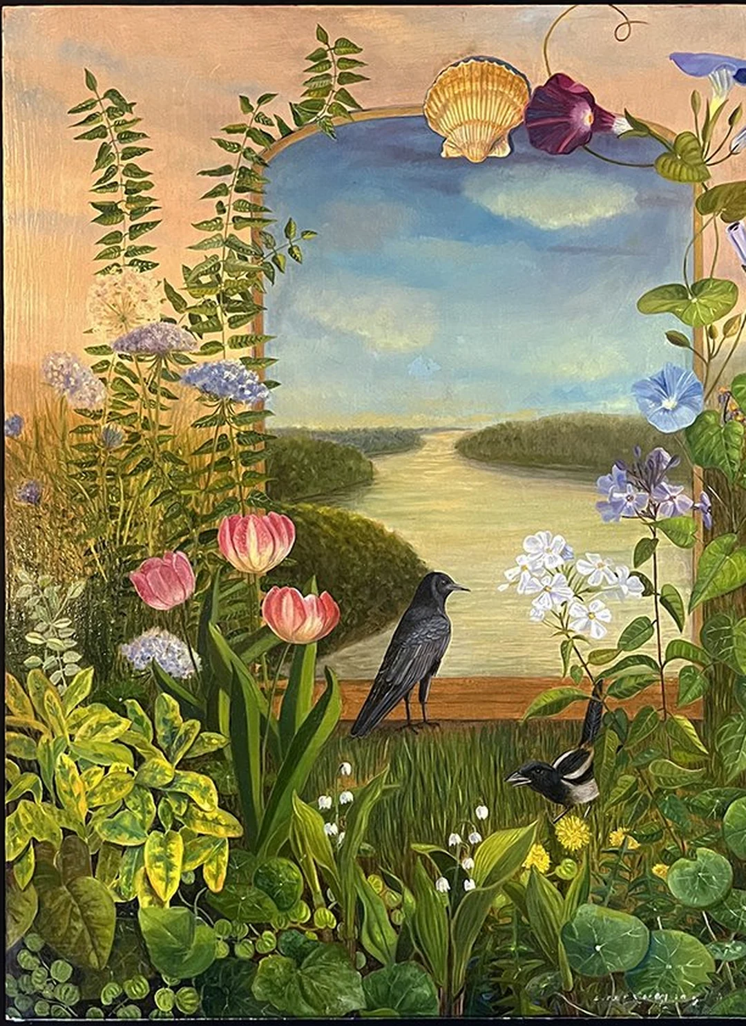 A lush garden with an arched portal, flowers, and birds overlooking a river.