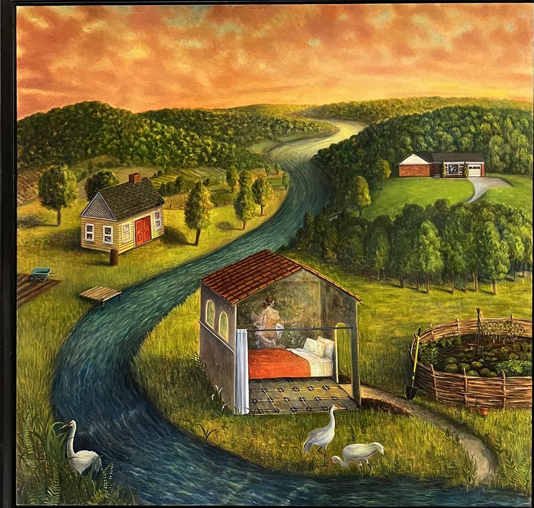 A winding river through green hills with small houses and swans.