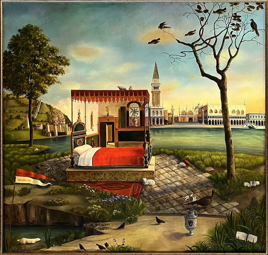 A canopied bed with red cover stands in a fantastical landscape with trees, birds, and distant Venetian-style architecture.