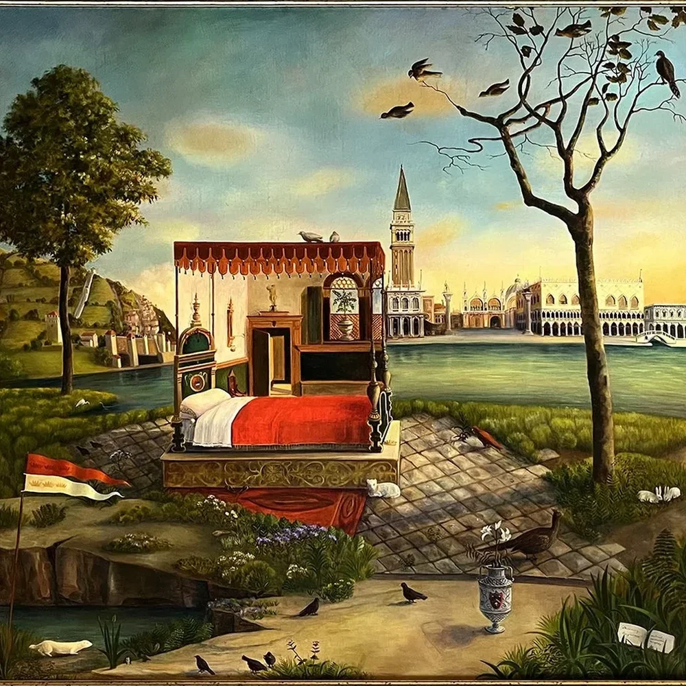 A canopied bed with red cover stands in a fantastical landscape with trees, birds, and distant Venetian-style architecture.
