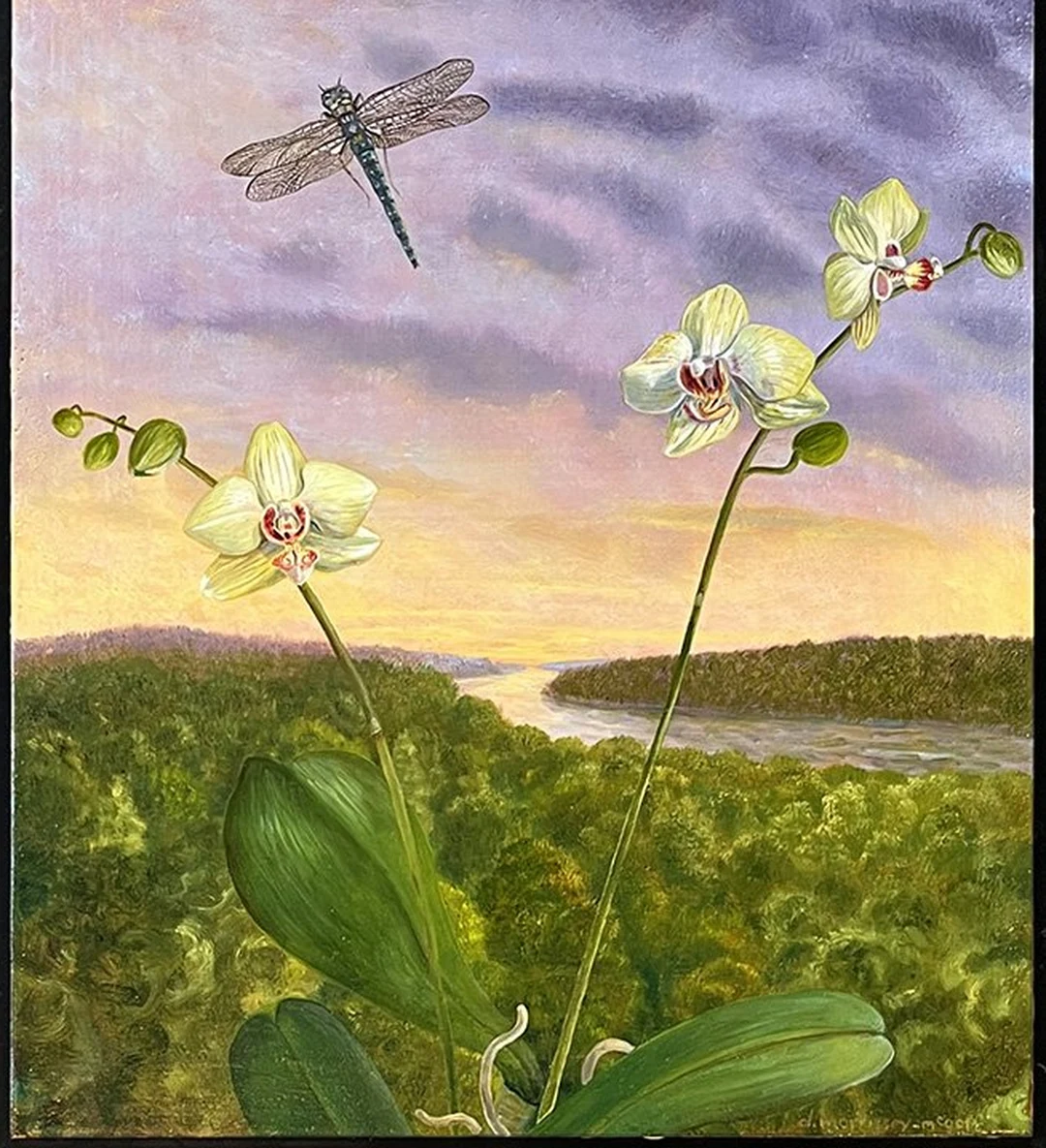 White orchids with a dragonfly at dusk over a green landscape.