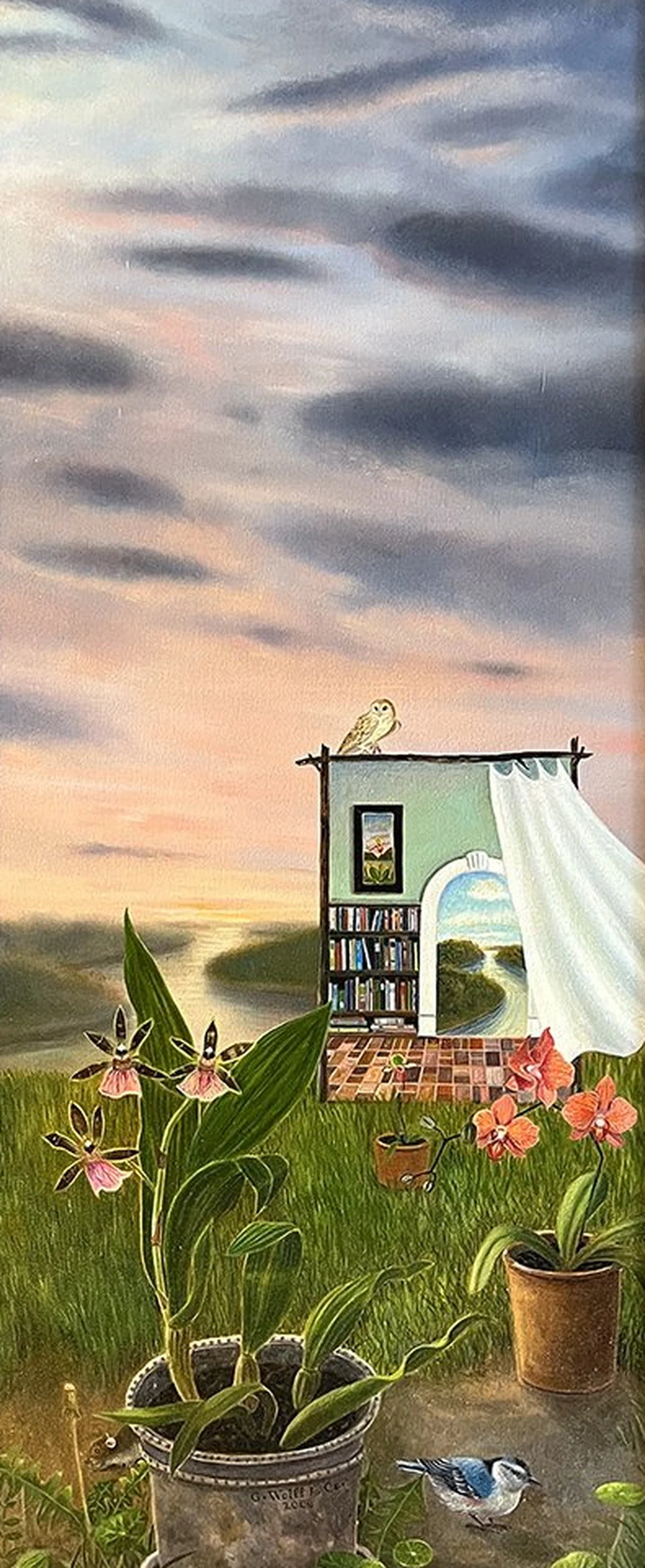 Orchids in pots with a small bookcase structure and an owl under a cloudy sky.