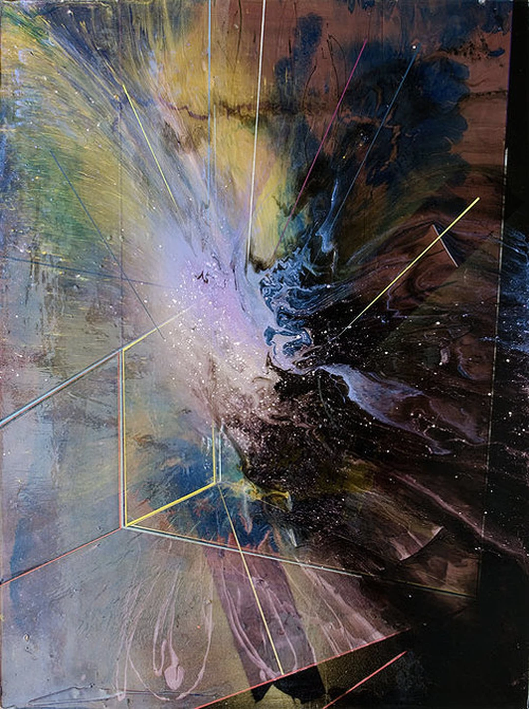 Abstract painting by Philip LaVelle: a burst of yellow, green and violet color crossed by thin straight lines on a dark ground.