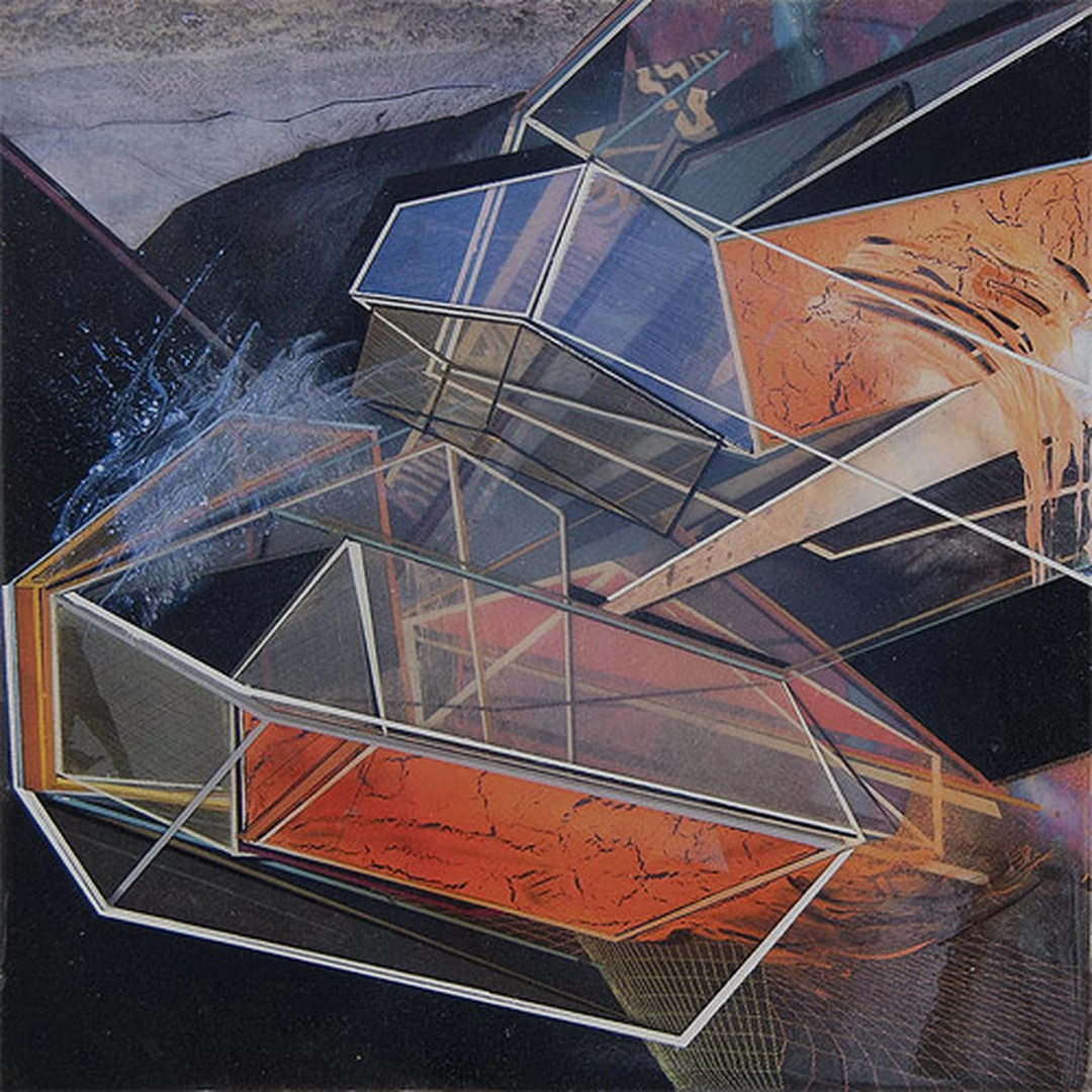 Abstract painting by Philip LaVelle: transparent angular geometric forms in red, orange and black outlined with fine white lines.