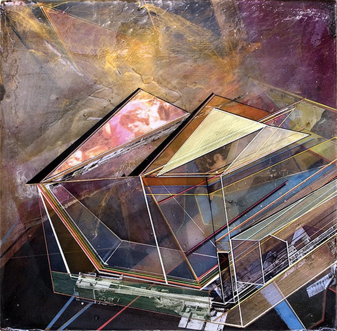 Abstract painting by Philip LaVelle: overlapping angular transparent planes in green, orange and blue outlined with fine lines.