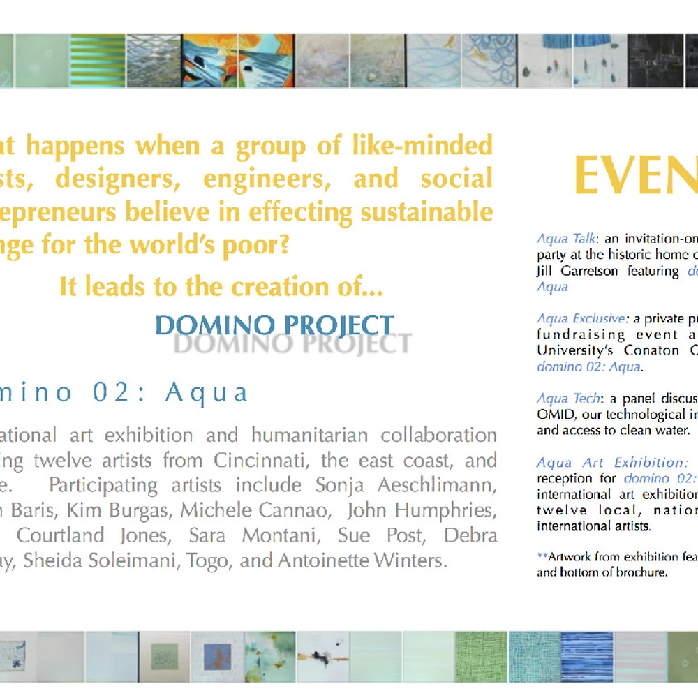 Brochure for the domino 02: Aqua exhibition: headline text about the OMID Domino Project, a list of twelve participating artists, event details, and two horizontal strips of small water-themed tile paintings along the top and bottom.