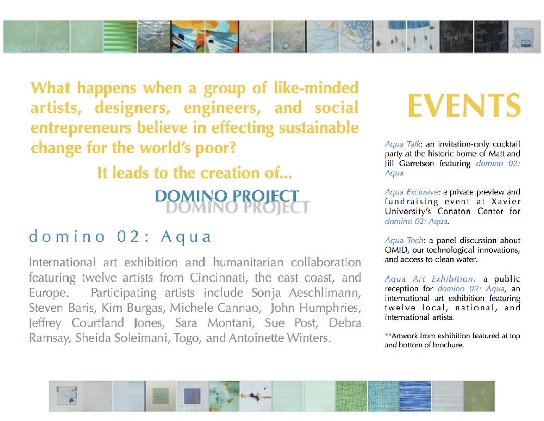 Brochure for the domino 02: Aqua exhibition: headline text about the OMID Domino Project, a list of twelve participating artists, event details, and two horizontal strips of small water-themed tile paintings along the top and bottom.