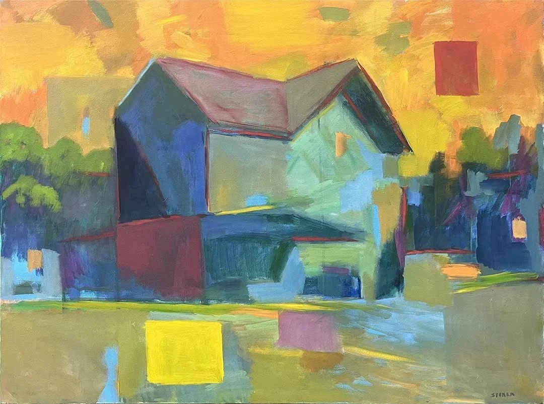 House painted in warm yellows and oranges with a red roof under an orange sky.