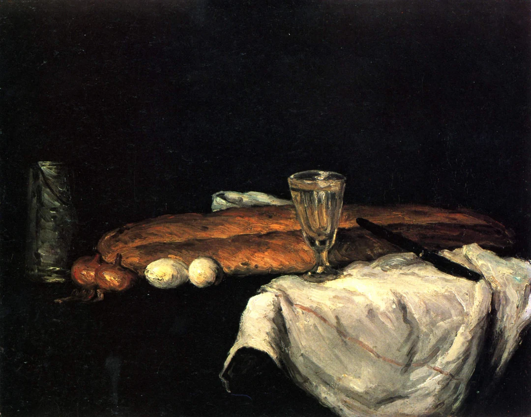 Paul Cezanne, Still Life with Bread and Eggs, 1865, oil on canvas. Cincinnati Art Museum, Gift of Mary E. Johnston, accession no. 1955.73. The Yorck Project, public domain, via Wikimedia Commons.