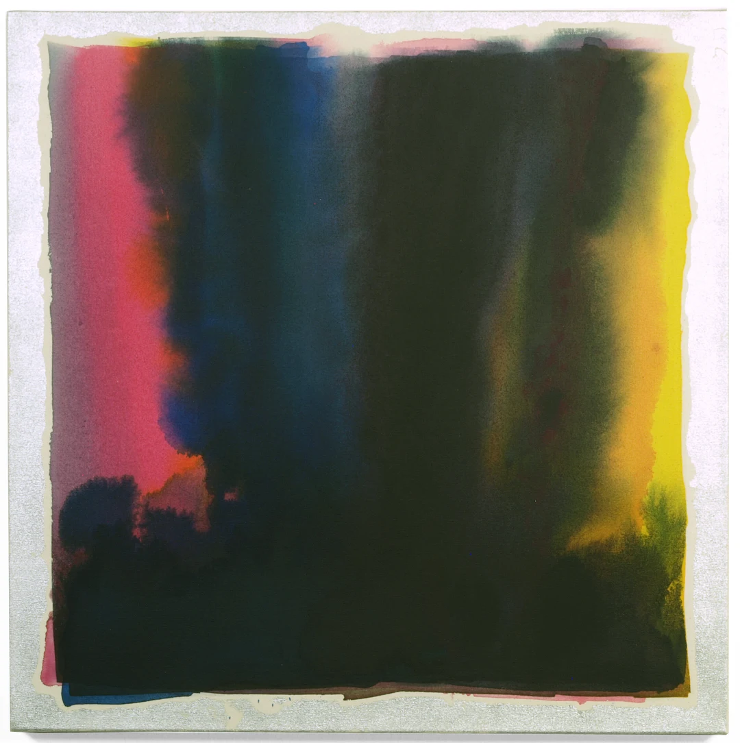 Dark poured square with red-orange and yellow glowing edges, framed in gold leaf. Hadley Holliday, Poured Square, 2012, acrylic and silver leaf on canvas, 30 x 30 in. Photo courtesy of Carl Solway Gallery.