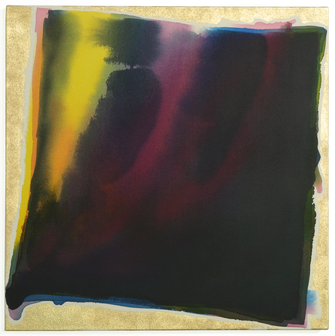 Dark poured square of deep purple-black with glowing yellow, orange, pink and green edges, framed in gold leaf. Hadley Holliday, Icon, 2012, acrylic and gold leaf on canvas, 30 x 30 in. Photo courtesy of Carl Solway Gallery.