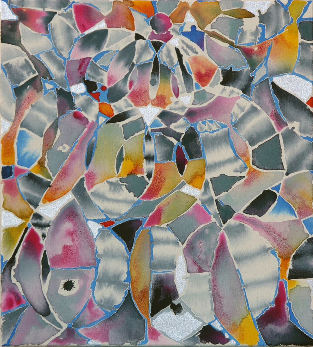 Petal mosaic in mauve and gray-green with yellow, orange-red and blue accents and a small dark starburst at lower left. Hadley Holliday, Untitled, 2013, acrylic and silver leaf on canvas, 20 x 18 in. Photo courtesy of Carl Solway Gallery.