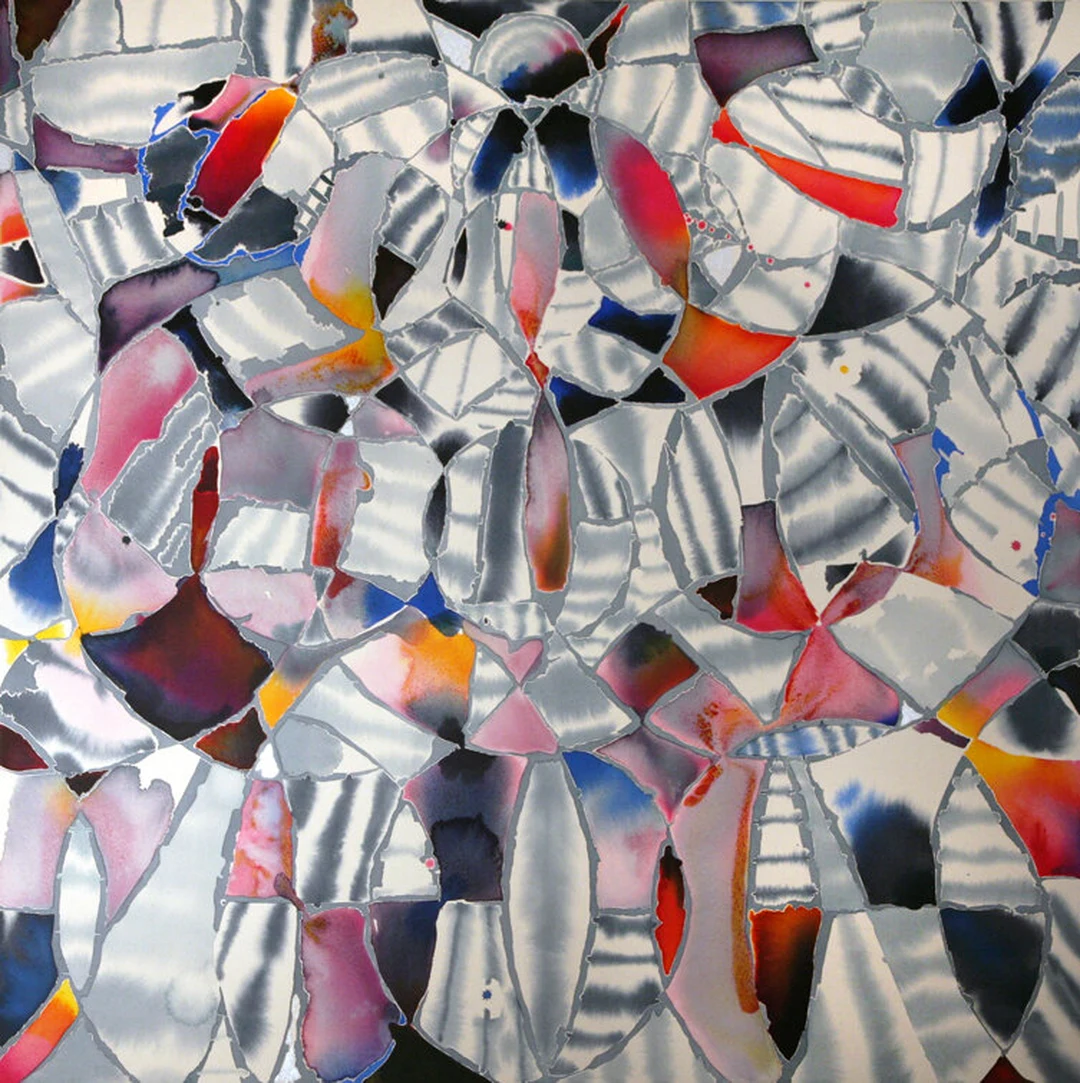Gray-and-white petal mosaic with red, orange, pink and blue-violet accents and a dark red-brown shape at lower left. Hadley Holliday, Sliver Star, 2012, acrylic and silver leaf on canvas, 60 x 60 in. Photo courtesy of Carl Solway Gallery.