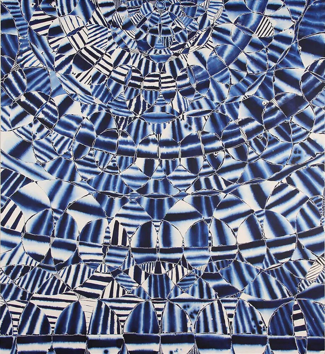 All-over pattern of overlapping petal shapes in indigo blue and white, with denser radiating arcs at the top. Hadley Holliday, Blissed Out, 2011, acrylic on canvas, 66 x 60 in. Photo courtesy of Carl Solway Gallery.