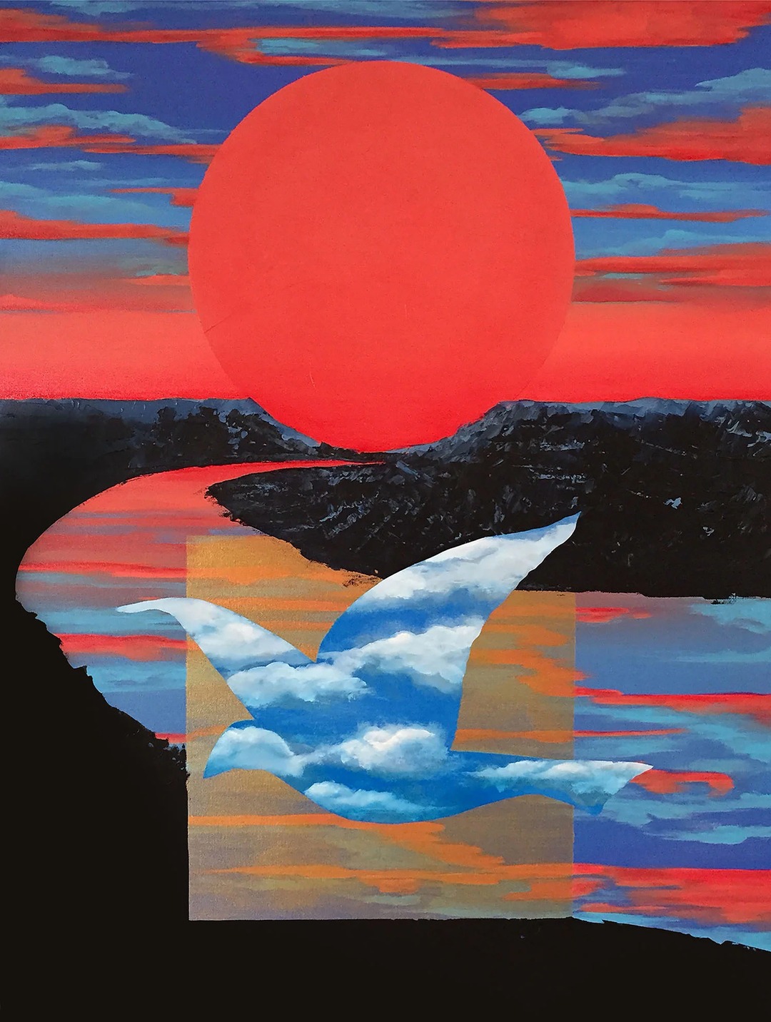 The Divide, a painting by Olivia Hinds: a large red sun over a dark horizon, with swirling blue and white forms above tan panels.
