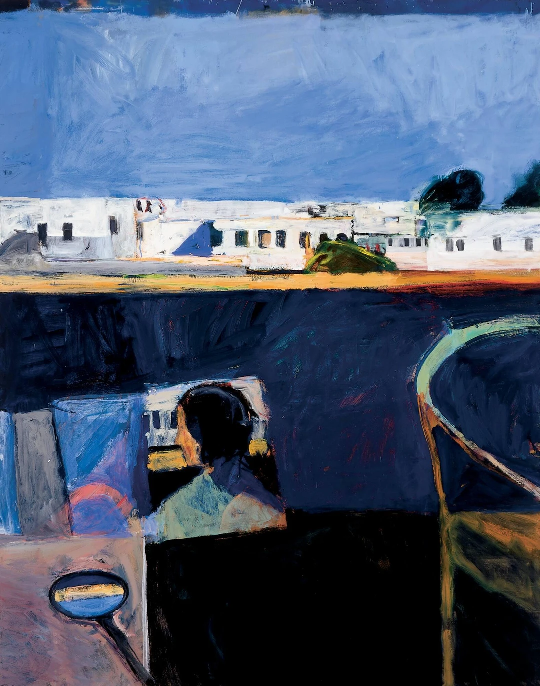 Oil painting of an interior: a woman's face in profile and a round hand mirror on a table, below a bright blue sky with white buildings.