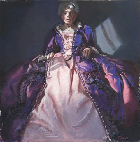Pastel portrait of a seated older woman in a voluminous purple and pink dress. Gaela Erwin, Portrait of My Mother in a Purple Dress, 2013. Pastel on paper, 46 x 47 in. Image from the artist's website.