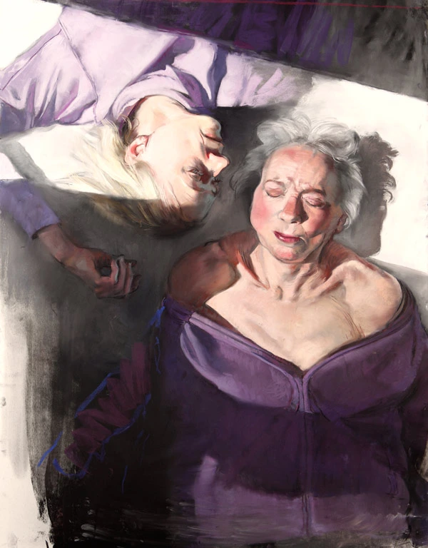 Pastel of two women in purple garments lying close together, one with eyes closed. Gaela Erwin, Mother and Child Reunion, 2012. Pastel on paper, 57 x 48 in. Image from the artist's website.