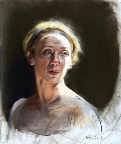 Pastel portrait of a blonde woman with a headband, gazing to the right against a dark background. Gaela Erwin, My Sister, Looking Right, 2012. Pastel on paper, 22 x 19 in. Image from the artist's website.