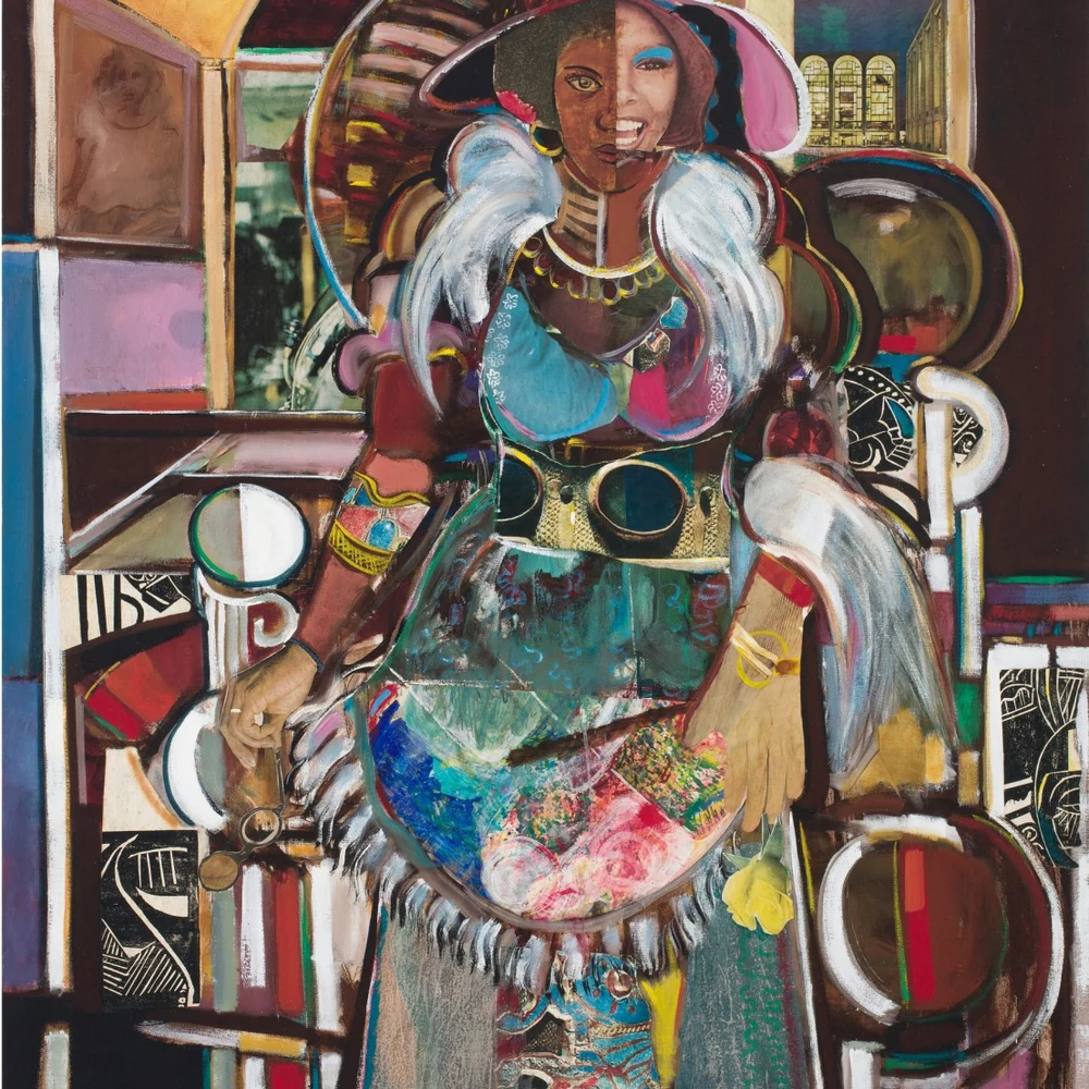 Collage painting of a singer with a face split between shadow and light, wearing a wide-brimmed hat, surrounded by fragmented images of city buildings and interiors.
