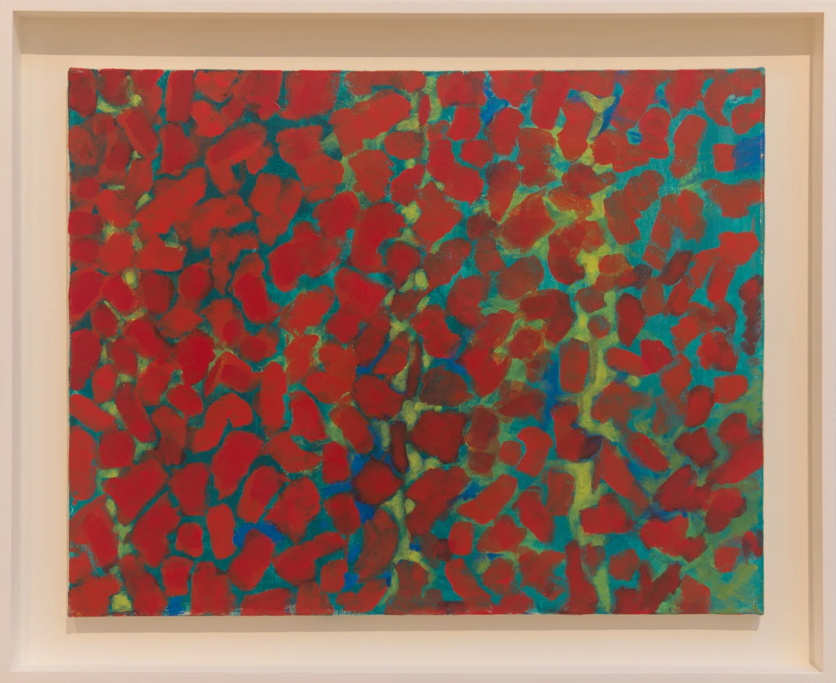 Abstract painting of dense red dabs of paint with teal blue and yellow accents.