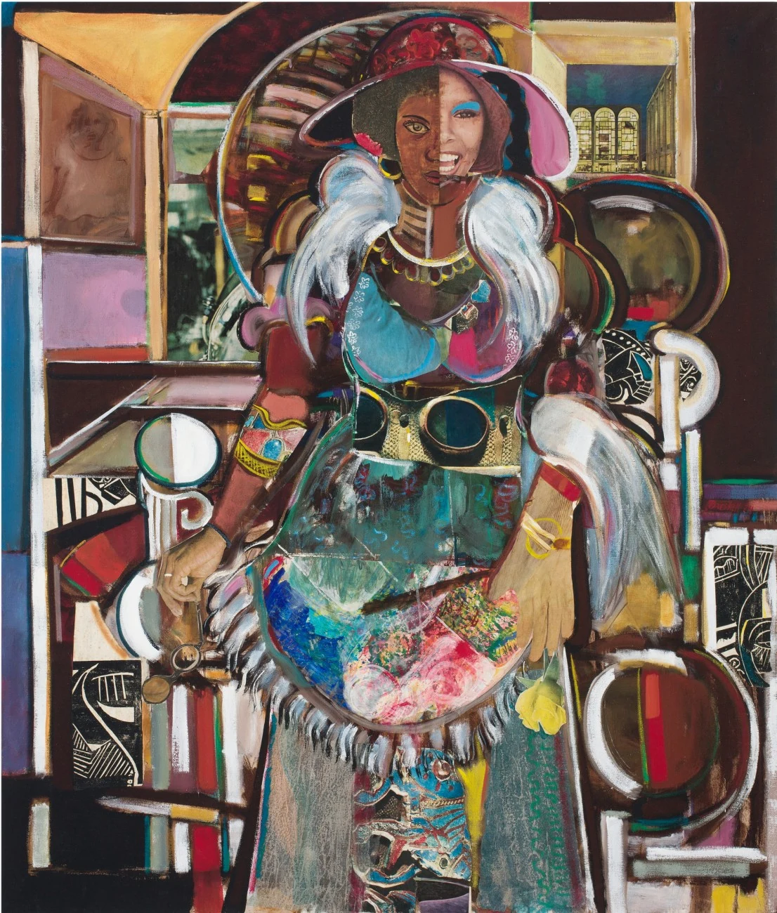 Collage painting of a singer with a face split between shadow and light, wearing a wide-brimmed hat, surrounded by fragmented images of city buildings and interiors.