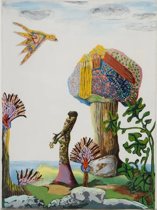 Painting of a woman in a patterned dress holding a flower, looking up at a bird flying among fantastical trees.