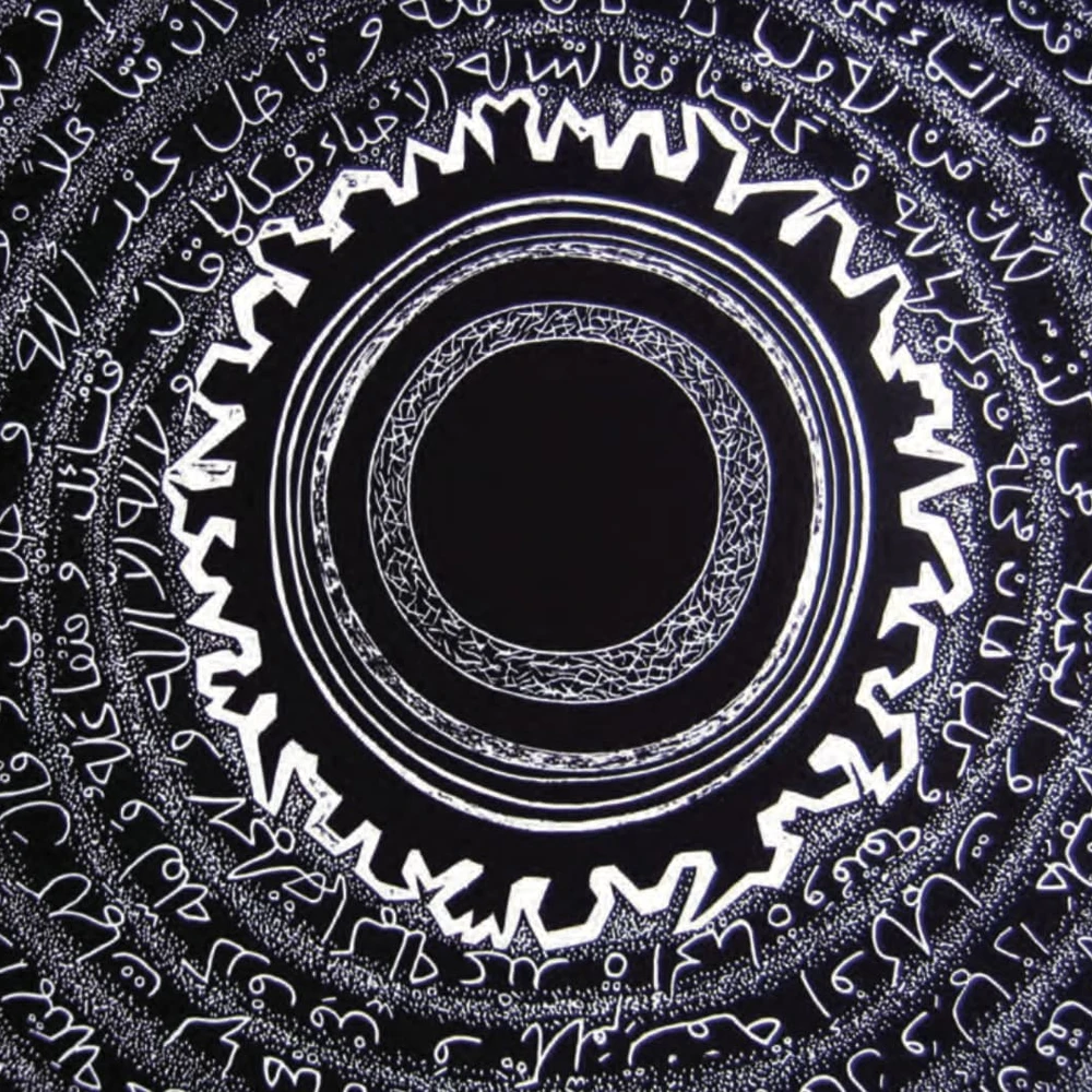 White Arabic calligraphy arranged in concentric circles on a black background, a woodcut print radiating outward like sound waves.