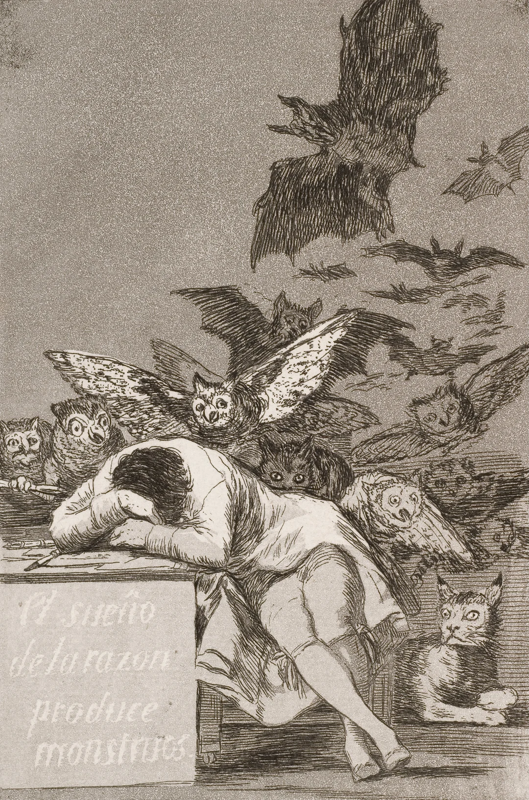 Francisco de Goya, 'The Sleep of Reason Produces Monsters' (No. 43 from Los Caprichos), 1799. Public-domain etching.