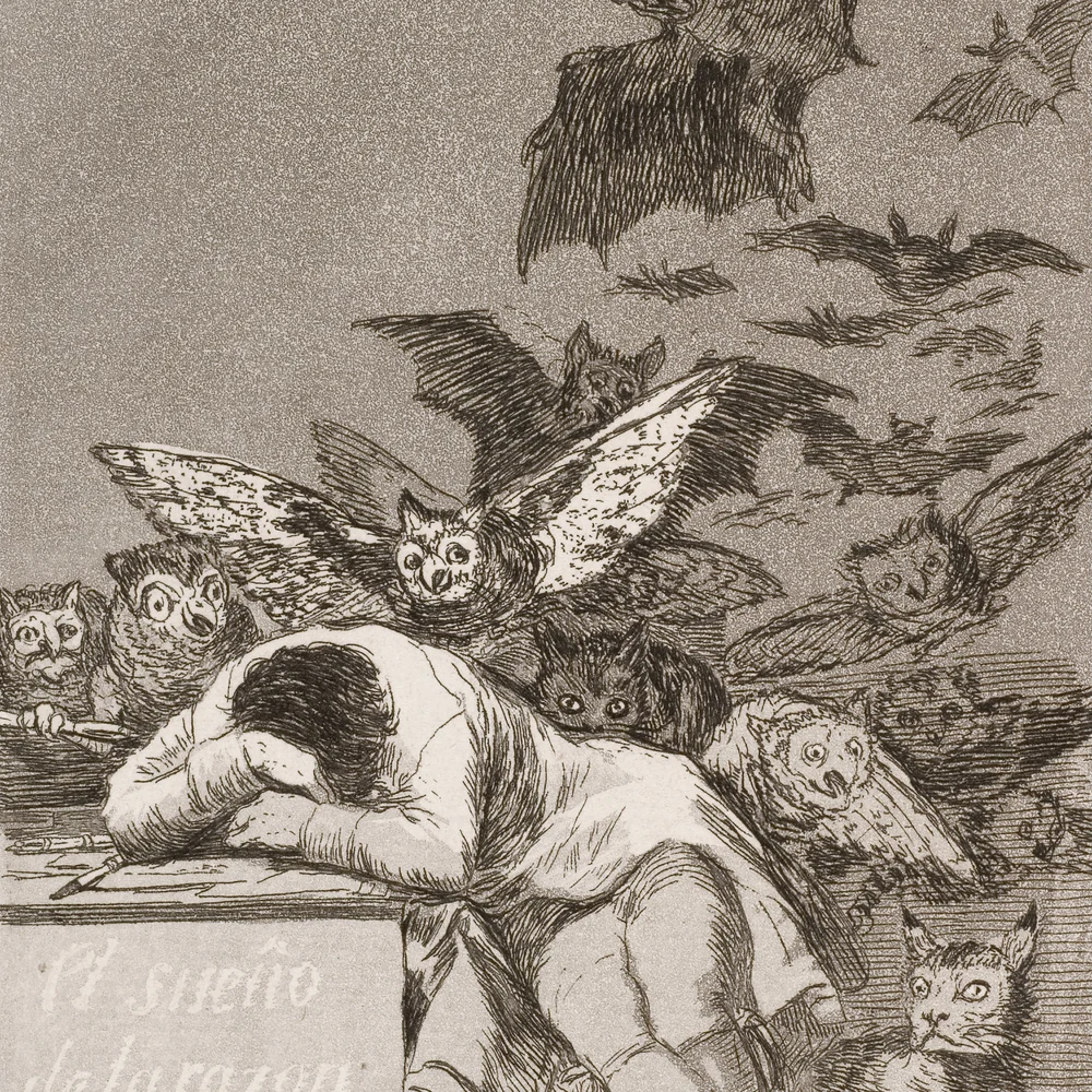Francisco de Goya, 'The Sleep of Reason Produces Monsters' (No. 43 from Los Caprichos), 1799. Public-domain etching.