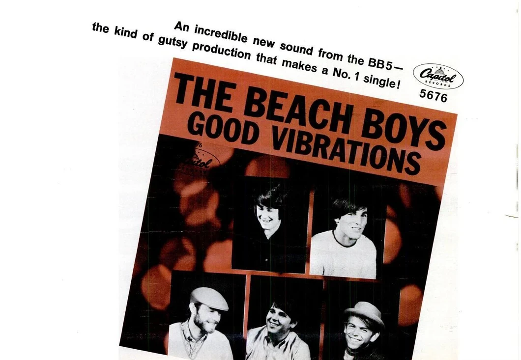 Capitol Records advertisement from October 1966 for The Beach Boys' single 'Good Vibrations', with photos of the five band members.