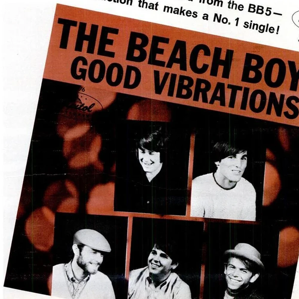 Capitol Records advertisement from October 1966 for The Beach Boys' single 'Good Vibrations', with photos of the five band members.