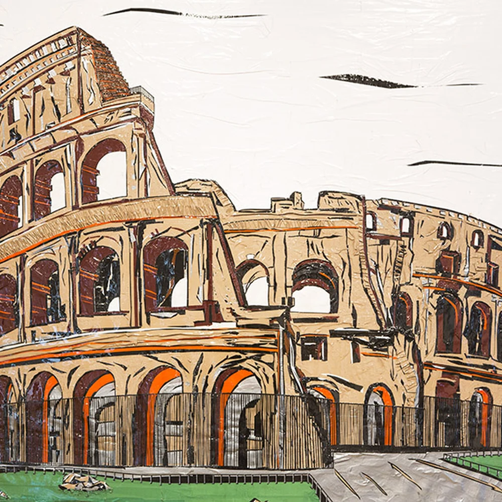Duct tape drawing of the Roman Colosseum in beige, brown and orange tones, with a strip of green grass at its base and small black birds in a white sky.