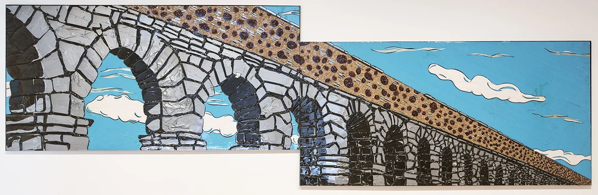 Two-panel duct tape drawing of a bright blue sky with a few white cartoonish clouds. Joseph Girandola, H2O Duct, duct tape drawing. Image from the artist's website. (Related image located during this archive's reconstruction.)