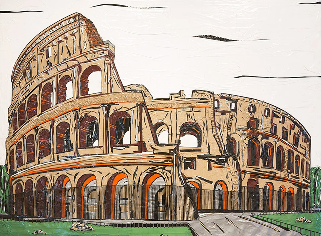 Duct tape drawing of the Roman Colosseum in beige, brown and orange tones, with a strip of green grass at its base and small black birds in a white sky.