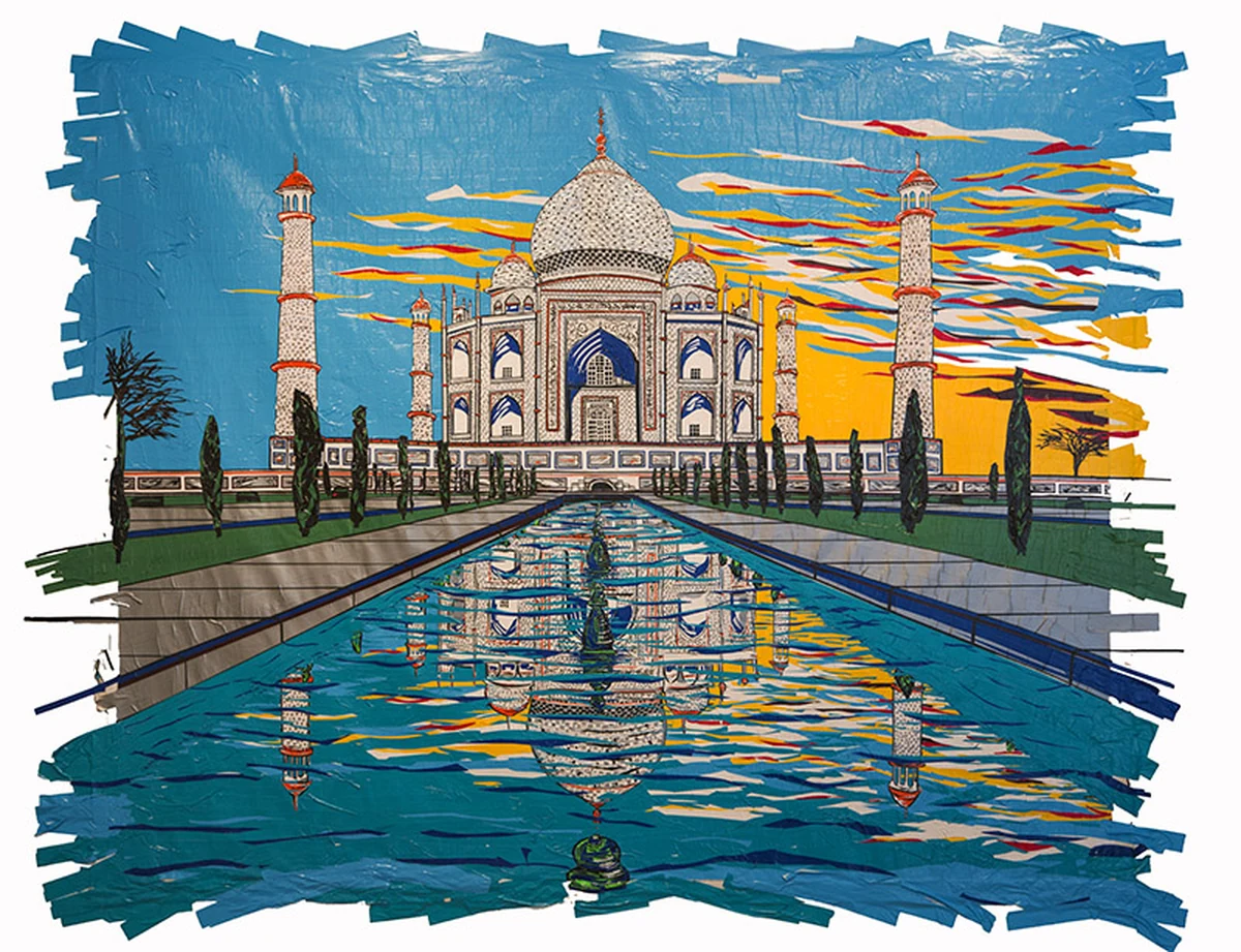 Duct tape drawing of the Taj Mahal with its reflection in a long pool of water, under a sunset sky of yellow and red. Joseph Girandola, Amore mio...ti manco, duct tape drawing. Image from the artist's website. (Related image located during this archive's reconstruction.)