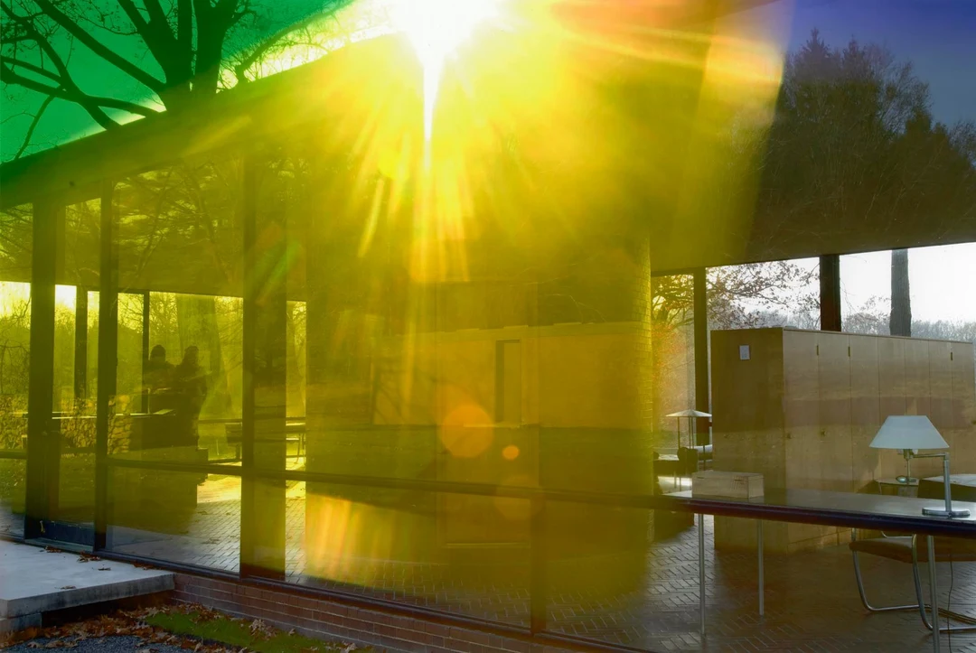 James Welling, 0818, 2006: the Glass House bathed in golden sunlight with lens flare, inkjet print.