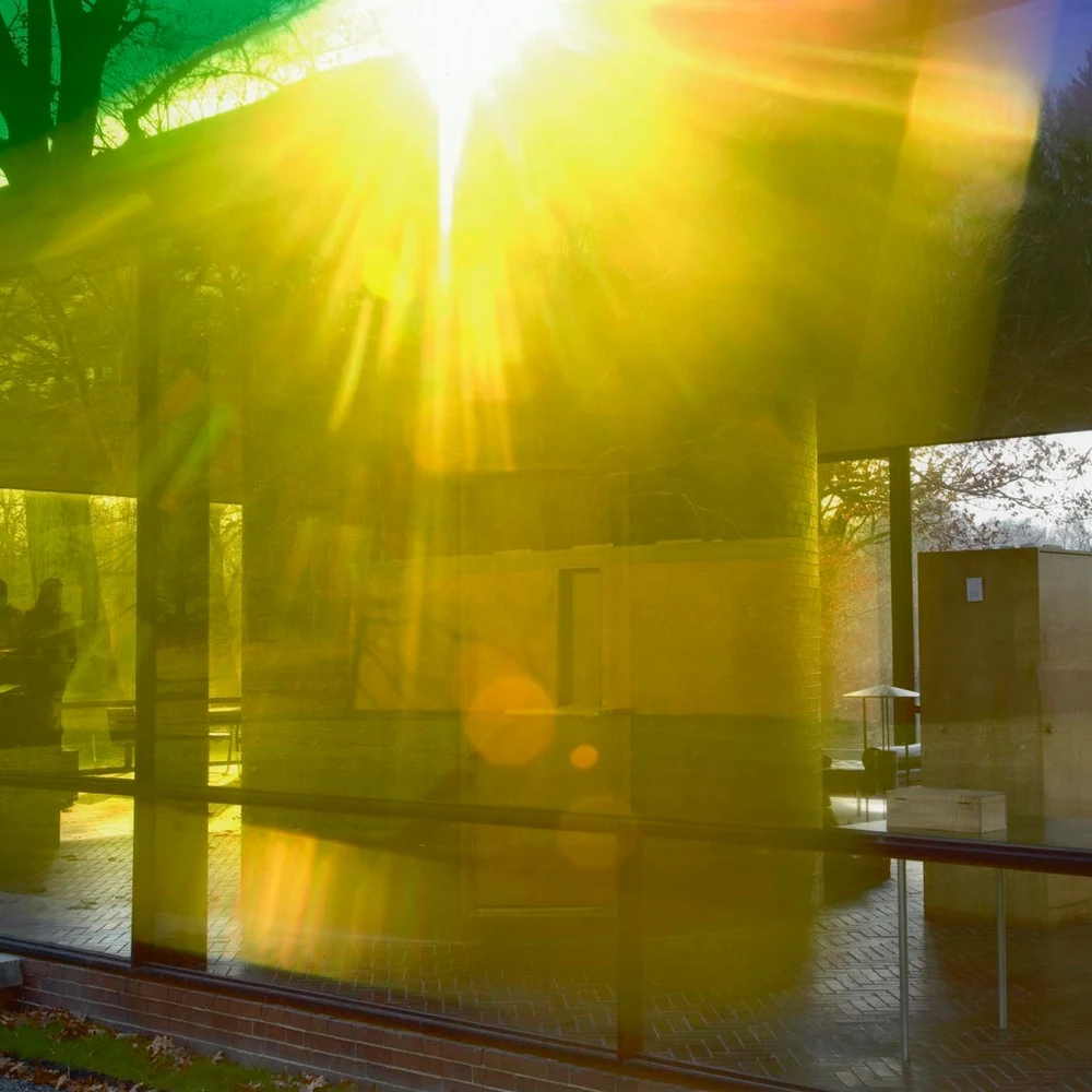 James Welling, 0818, 2006: the Glass House bathed in golden sunlight with lens flare, inkjet print.