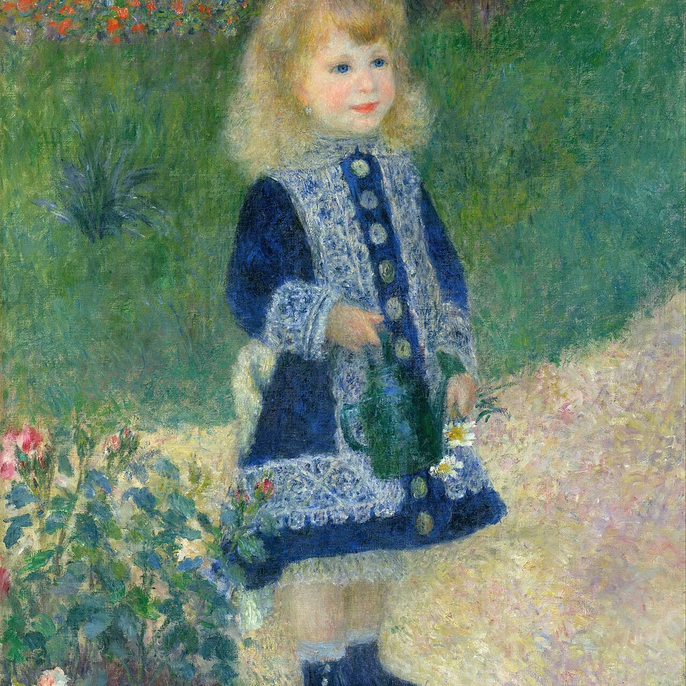 Pierre-Auguste Renoir, A Girl with a Watering Can (1876): a young girl in a blue dress holding a watering can in a garden.