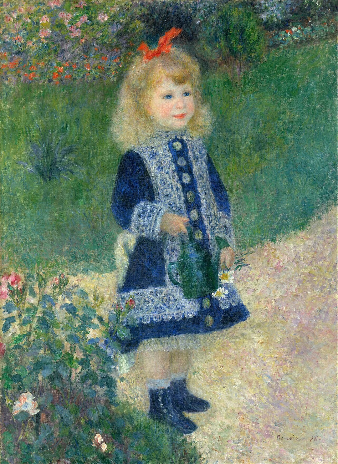 Pierre-Auguste Renoir, A Girl with a Watering Can (1876): a young girl in a blue dress holding a watering can in a garden.