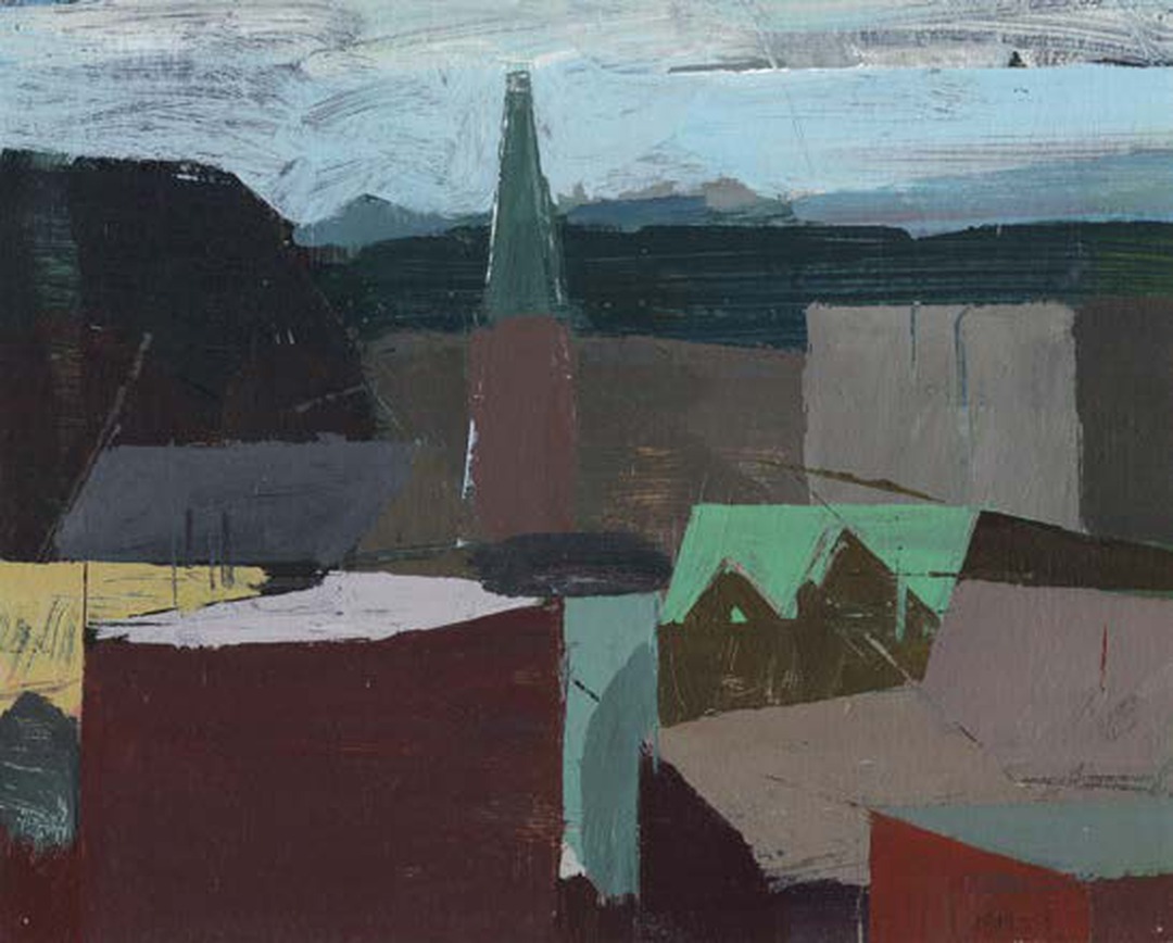 Cityscape seen from a balcony. Ken Kewley, “Downtown Easton from Balcony,” 2008. Acrylic on paper, 8 x 10 in. Image from Manifest, vol. 70.