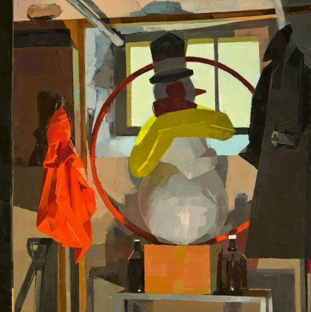 A plastic snowman on a cardboard box. Catherine Kehoe, “Frosty,” 2013. Oil on panel. Image from the artist's website.