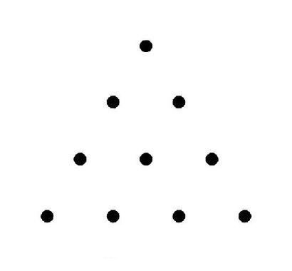 Ten black dots arranged in a triangle of four rows.