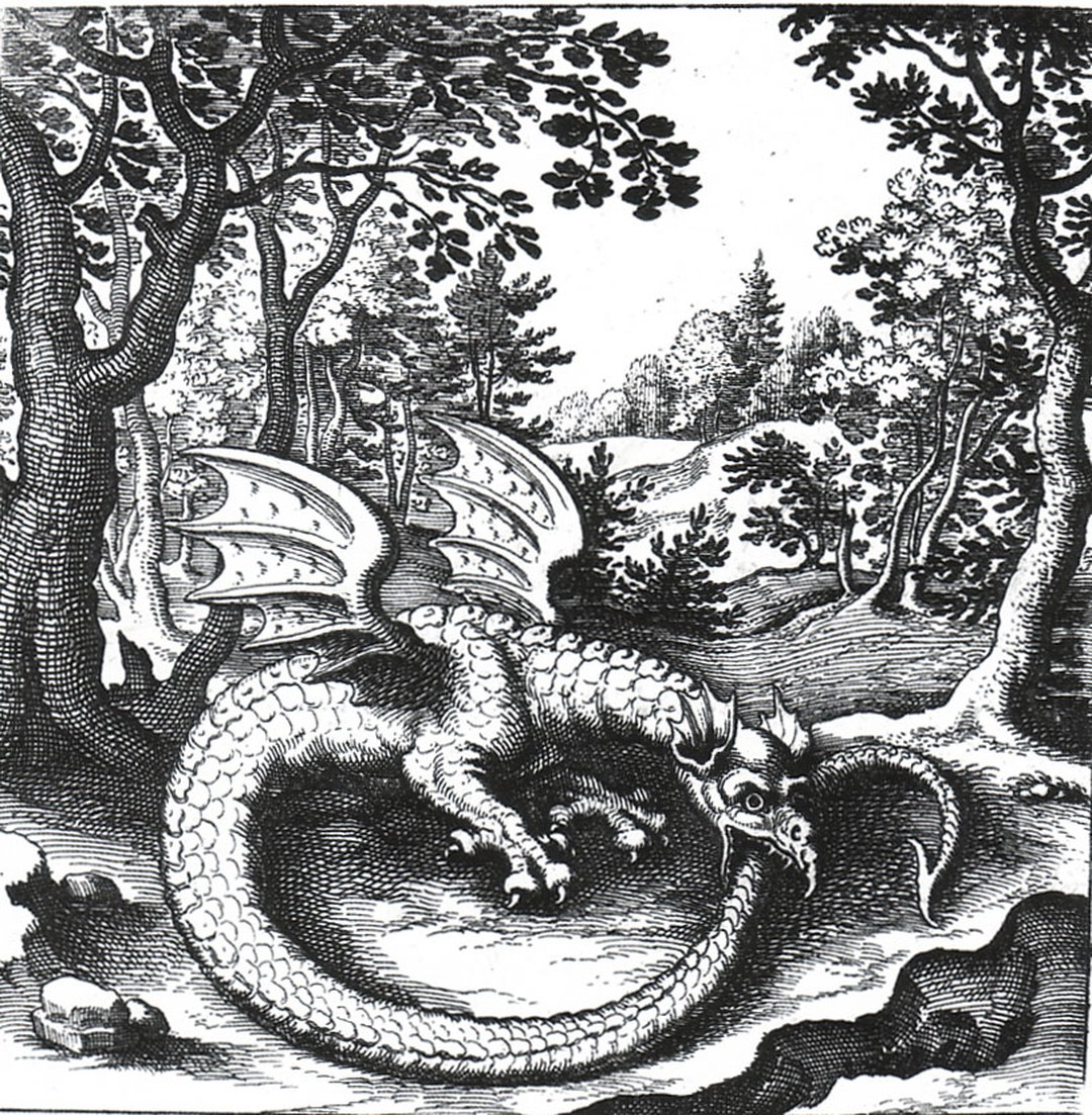 Engraving of a winged dragon coiled in a circle biting its own tail, in a wooded landscape.